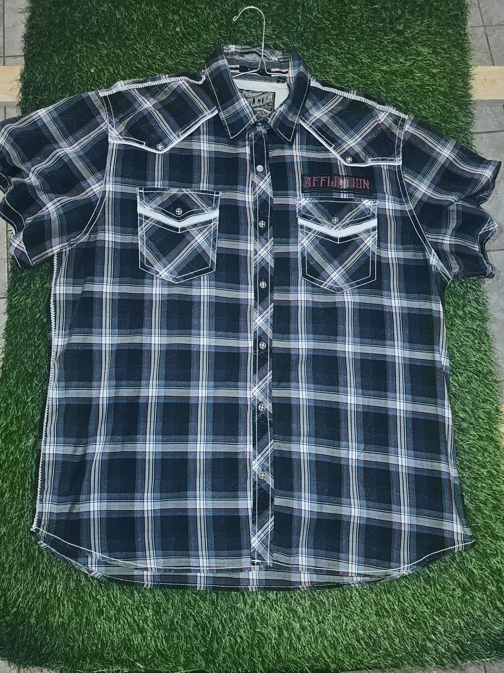 Men's Blue Plaid Button-Up Shirt with Contrast Stitching - 3XL (Fits like an XL)